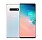 Back of a prism white Galaxy S10+ phone, with the front of a black Galaxy S10+ phone slightly overlaying on top