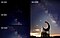 The same image of night sky photography shown with four different ISO settings, 400, 800, 1600 and 3200, to show how ISO can affect the same shot. The first three ISO settings are showing a cropped part of the image, while the ISO 3200 setting shows the full image with a crescent-shaped piece of sculpture art against the Milky Way.