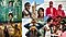 A collage of two couples re-creating various moments in their real love stories. First, a woman and man peeking their faces out from a plant-printed shower curtain. Second, a woman and man taking a selfie at a sculpture garden with their mouths ajar. She is holding an ice cream cone up to the camera while a rock in the background appears to be sitting on top of the cone in the foreground. Third, a man and woman stand, side by side in front of a house. They are both dressed in red and wearing sunglasses and red hair scarves. Fourth, a woman and man strike a dancing pose in front of a fence lined with lit-up string lights. Fifth, a man stands behind a woman in front of a tree-lined backdrop. They are both holding apples up to their eyes like binoculars. And the last, man and woman look at each other in front of a flower bush outdoors. The man is holding a spoon while the woman is holding a fork in one hand and a plate of fruit-topped waffles in the other hand.