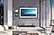 The Wall display in a bright, modern living room with a view of a serene landscape