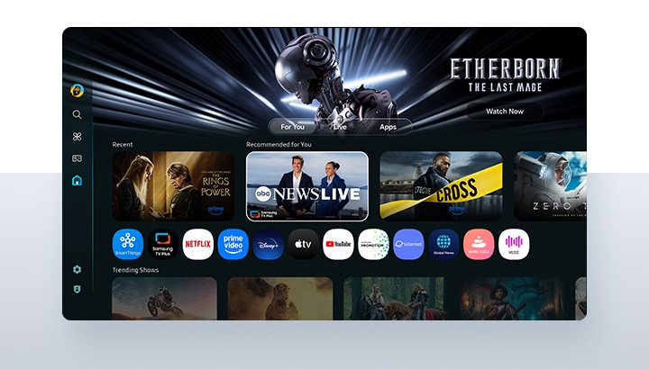 Samsung TV Plus screen. The content arranged in the top row shifts to outline "Zero Time." Scene shows an astronaut holding onto the spaceship. Scene changes from an announcer presenting the news to a soccer match.