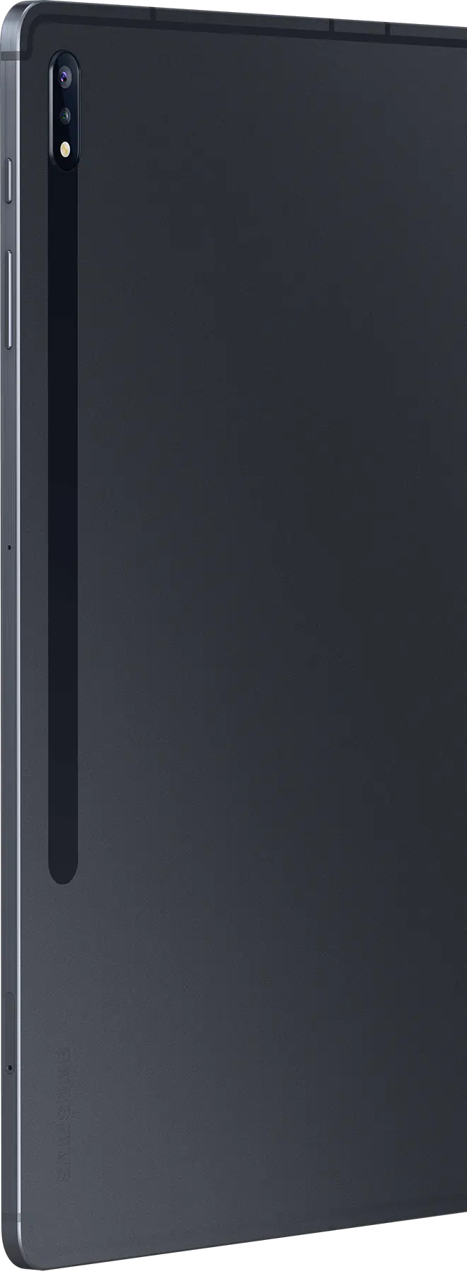 Close-up of Galaxy Tab S7+ in Mystic Black's rear view shows the rear camera placement