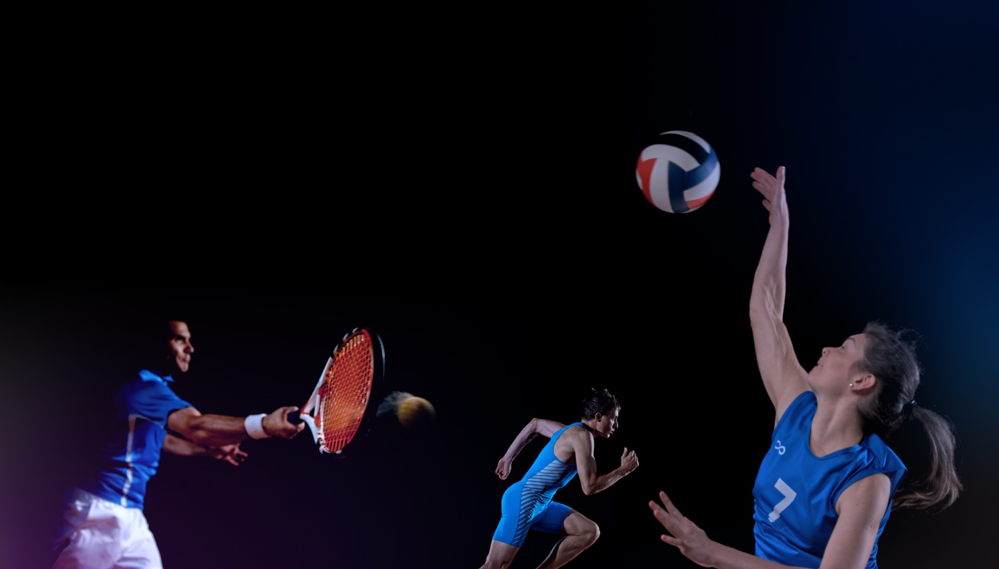 Samsung NQ8 AI Gen3 Processor optimizes for various sports, shown by  athletes doing tennis, track and volleyball.