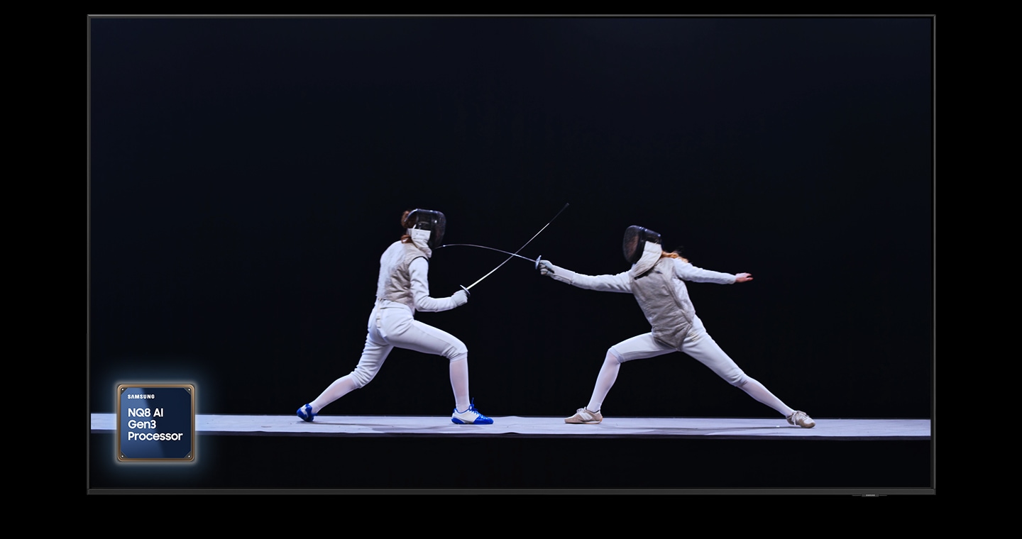 A fencing match with picture quality optimized through AI upscaling with a Samsung NQ8 AI Gen3 Processor.