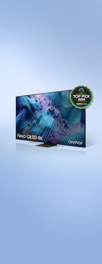 Neo QLED 8K QN990F. TOP PICK 2025 TECHAERIS logo. QN990F awarded Techaeris Top Pick, April 2025.
