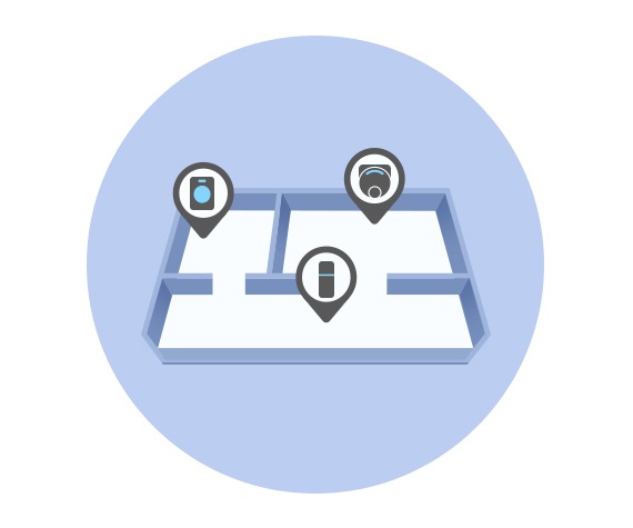 A blue circle has a map of the house, indicating that each room has a Bespoke Laundry, a Bespoke robot cleaner, and a Bespoke Refrigerator. Step three is to manage rooms and locations. Keep your devices organized by assigning them to rooms, and add locations to match your home, office, or anywhere you use SmartThings.