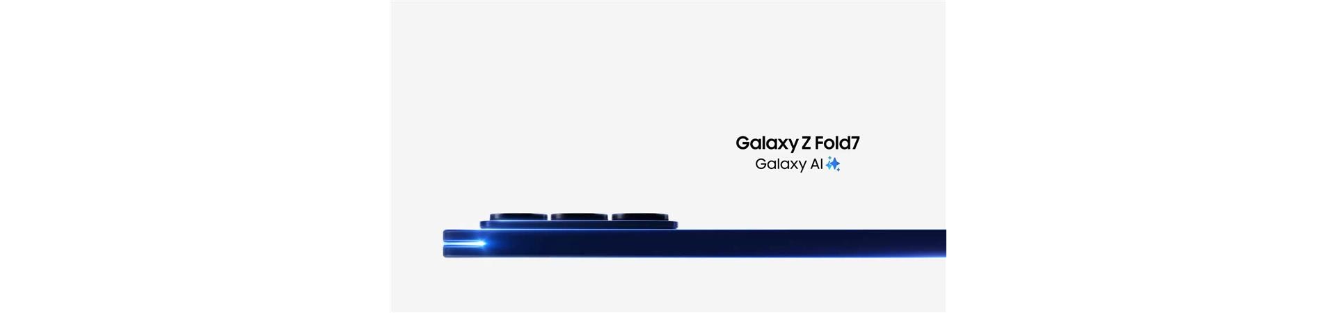 Galaxy Z Fold7 in Blue Shadow. A light illuminates the side to show the slim edges, then the phone turns on an angle and unfolds most of the way to show the expansive main screen. Galaxy AI