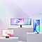 Three monitors in different sizes. A monitor that is rotated 90 degrees, a monitor with a longer screen, and a regular-sized monitor.
