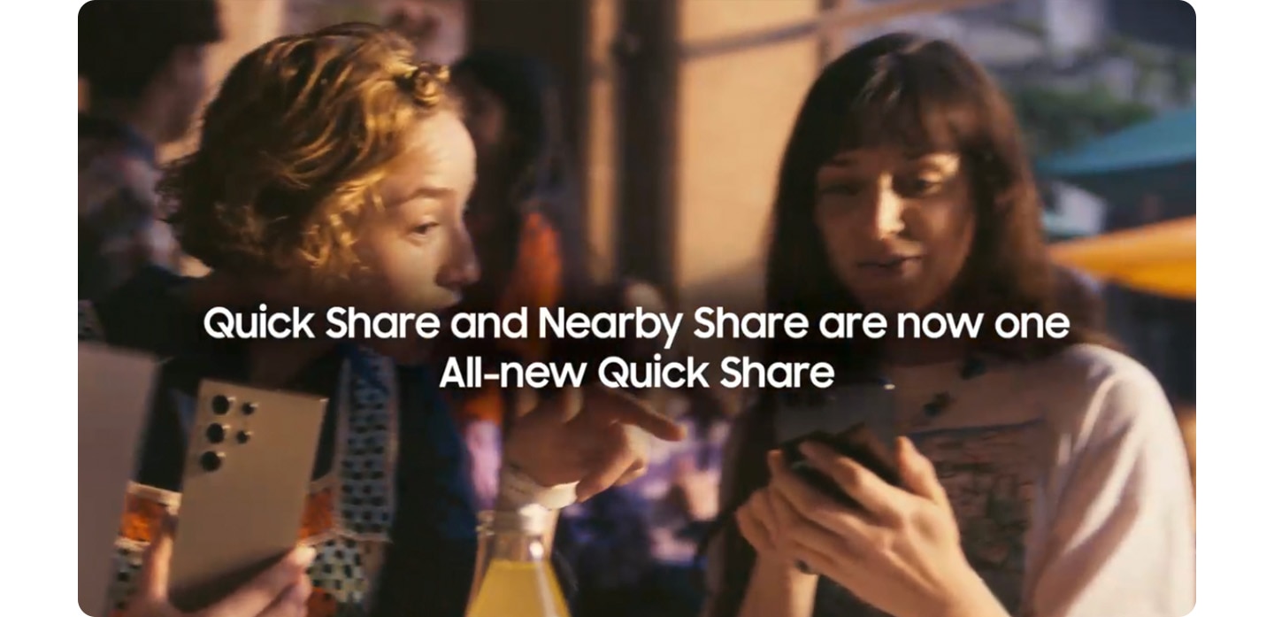 Two women are each holding phones and talking. Quick Share and Nearby Share are now one All-new Quick share. The display changes to a Quick Share button floating in front of the bottom of the phone. Nearby button floats into the Quick Share button, and a finger presses the button. The screen changes and shows 2 products and various contacts on the phone. A screen with Ivan Computer, Jazmin Phone, Macarena Phone, and Miya Tablet contacts pops up. A circular motion goes around each name and profile picture, and then changing to 'Sent'. Screen is divided into 4 sections, with each section showing a phone or a laptop all with Quick Share. Share to any Android device. Even share big files to Windows PCs. It ends with a Quick Share logo. Start sharing now, Quick Share!