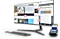 Mouse, keyboard and monitor displaying 4 separate windows.