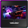 Odyssey OLED monitor outlined in neon colors. Screen shows a race car driving towards a tunnel.