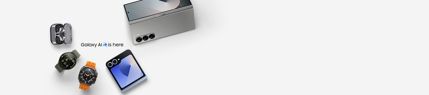 Galaxy AI is here. Galaxy Z Fold unfolded and seen from the rear, Galaxy Z Flip folded, Galaxy Watch Ultra, Galaxy Watch and Galaxy Buds Pro in an open case.