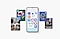 Galaxy smartphone is displaying different Apps & Services icons. On both sides of the smartphone, individuals can be seen using Galaxy devices and in poses associated with Galaxy Apps & Services.