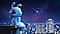 A whimsical looking blue alien sitting on the edge of a tall building rooftop at night, puckering its lips as if to whistle. In the background, we see Samsung Digital City and a brightly lit city behind it. A shooting star is falling in a sky full of stars.