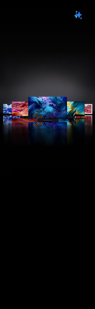 Samsung TVs displaying colorful visuals in the dark background. Samsung Vision AI is here logo.