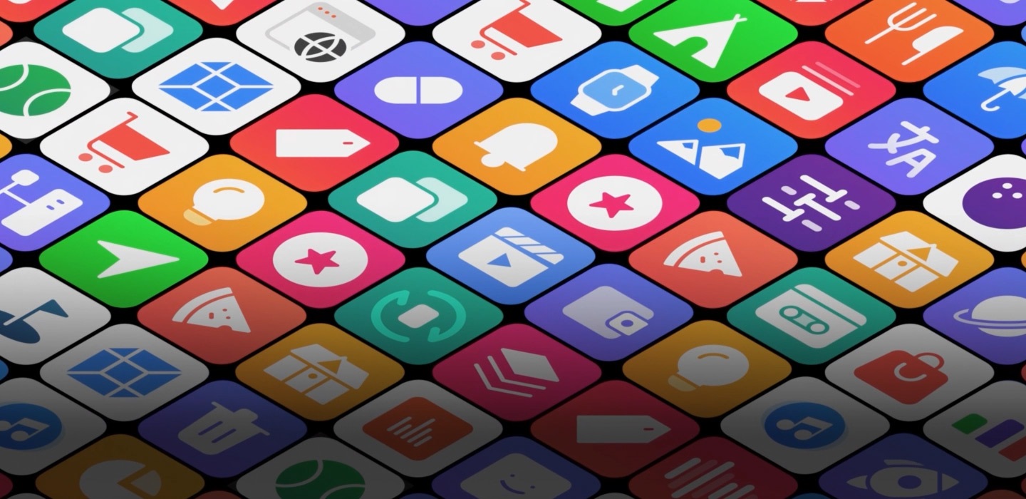 Numerous square Samsung TV app icons are lined up diagonally.