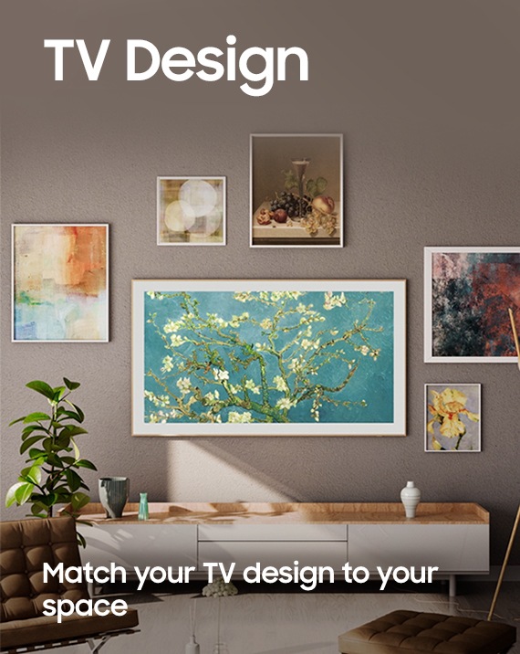 The Frame TV is hanging on a wall, accompanied by an array of picture frames, serving as a visual testament to TV Design. At the bottom, the text Match your TV design to your space is prominently showcased.