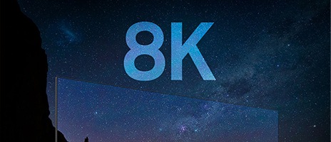 A bezel-less 8K TV screen appears in the middle of nature. And the word '8K' is overlaid on.