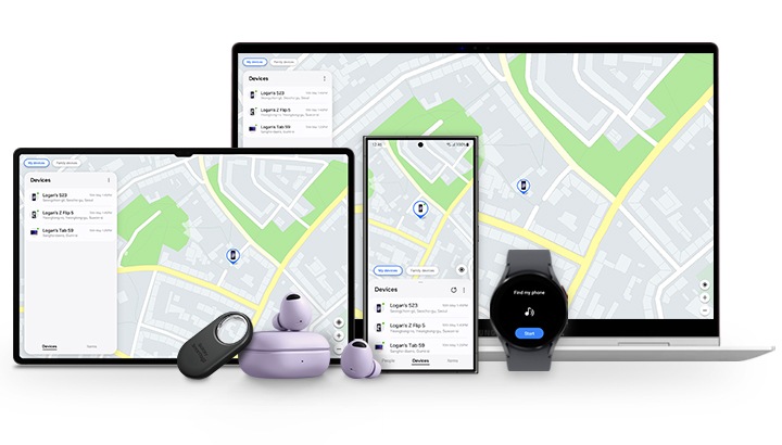 Un Galaxy Book, une Galaxy Tab et un smartphone Galaxy affichent l’écran Samsung Find. Le dernier emplacement de l’appareil égaré, un Galaxy S23 Ultra, est affiché. Un SmartTag, des Galaxy Buds et une Galaxy Watch indiquent qu’ils peuvent également être utilisés avec Samsung Find. La Galaxy Watch affiche le texte Find my Phone avec une icône en forme de sonnerie au milieu et un bouton Démarrer en bas.