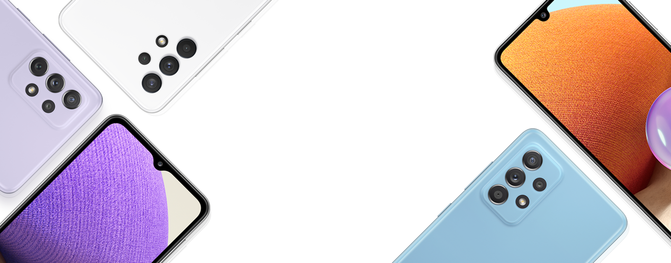 Cinq téléphones Galaxy A. Un Galaxy A72 Blanc Magistral et un Galaxy A52 5G Mauve Magistral vus de l’arrière pour montrer le boîtier minimaliste de l’appareil photo. Un Galaxy A32 Noir Magistral vu de face, avec un fond d’écran graphique. Deux téléphones Galaxy A32 supplémentaires, l’un Bleu Magistral et l’autre Noir Magistral, vus de l’arrière pour montrer les bords lisses du téléphone.