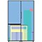Illustration graphique sur un design de réfrigérateur Samsung Bespoke. L’image simule des bâtiments carrés et rectangulaires au coucher du soleil.