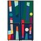 Illustration graphique sur un design de réfrigérateur Samsung Bespoke, avec des formes géométriques et des couleurs vives.