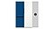 Un réfrigérateur Bespoke avec trois modules. Le panneau de gauche montre un réfrigérateur-congélateur bleu à deux portes. Le panneau central est un réfrigérateur blanc intégral ajouté. Le troisième panneau montre comment un troisième module peut être ajouté aux réfrigérateurs Bespoke avec un contour en pointillés.
