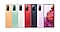 Photo produit de téléphones Galaxy S20 FE Orange Nuage, Menthe Nuage, Blanc Nuage, Rouge Nuage, Bleu Marine Nuage et Lavande Nuage, vus de dos. Le téléphone le plus à droite est vu de face avec des fleurs rouges, orange et violettes à l’écran.