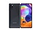 Photo produit avant et arrière d’un Galaxy A31 gris foncé avec des bulles multicolores, une bille chromée et une balle bleue à l’écran