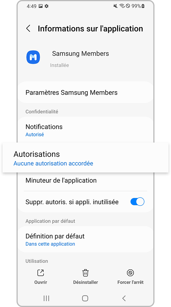 Sélectionnez les autorisations de l’application