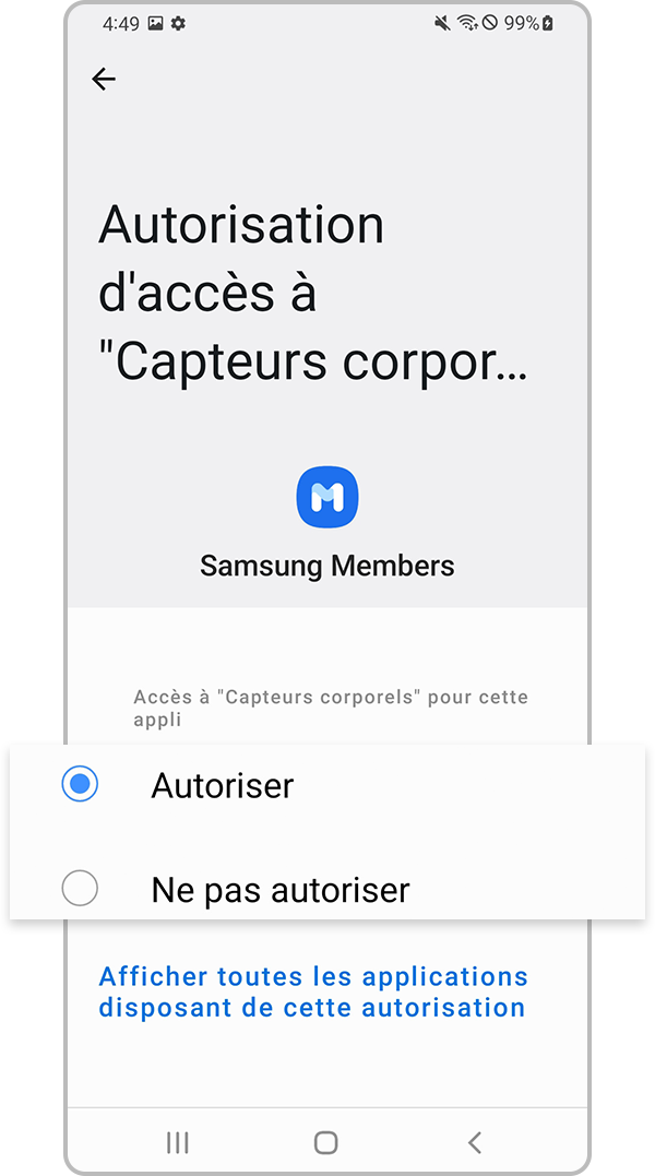 Sélectionnez Autoriser ou Ne pas autoriser les autorisations de l’application
