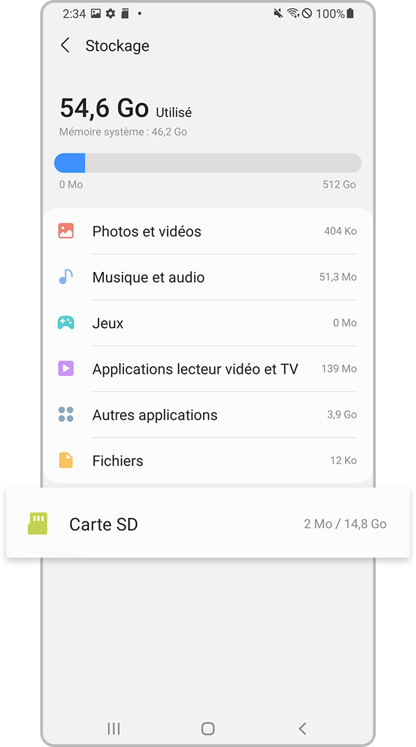 Sélectionnez le réglage de la carte SD
