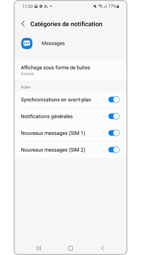 Définissez les paramètres de catégories de notification souhaités