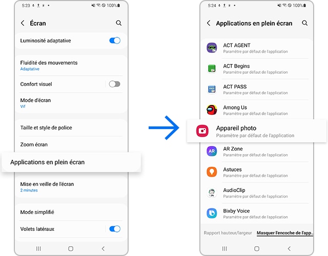 Ajustez le rapport d’écran avec la découpe de l’appareil photo