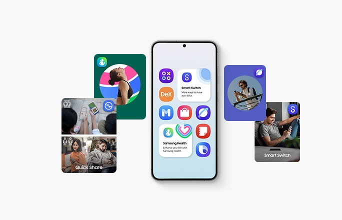 O smartphone Galaxy apresenta diferentes ícones de Aplicações e Serviços. Em ambos os lados do smartphone, podem ser vistos indivíduos a utilizar dispositivos Galaxy e em poses associadas com as Aplicações e Serviços Galaxy.