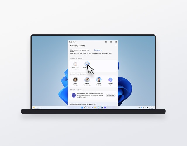 Primeiro, é demonstrada a interface do utilizador do Quick Share num Galaxy Book Pro.