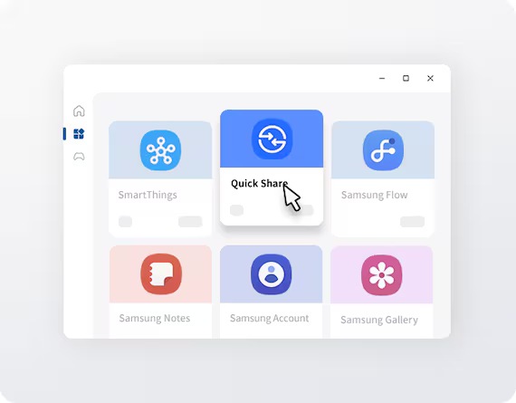A seguir, é apresentada uma vista da Loja Microsoft, com um aspecto semelhante no ecrã de qualquer PC, independentemente do fabricante. Na Loja Microsoft, estão disponíveis várias aplicações para download, incluindo SmartThings, Quick Share, Samsung Flow, Samsung Notes, Samsung Account e Samsung Gallery. O cursor está posicionado sobre a opção Quick Share.