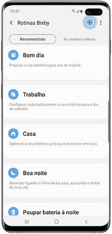 Criar uma Rotina Bixby personalizada, ícone "Mais"