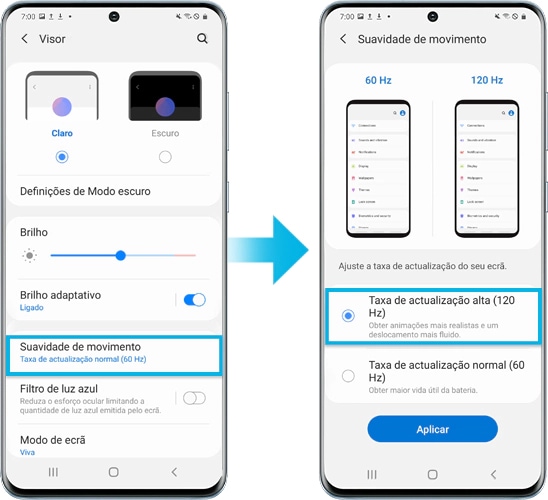 imagem do dispositivo Galaxy S20 a definir a taxa de atualização