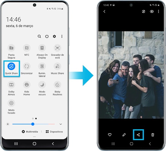 imagem do dispositivo Galaxy S20 a configurar o Quick Share