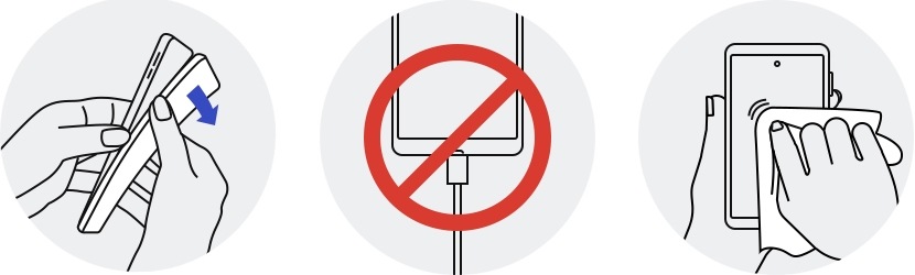 Imagens de remoção da capa, sem cabos e limpeza do exterior do telemóvel.