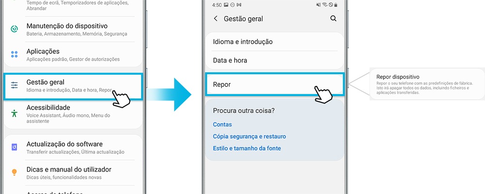 Repor definições de fábrica do dispositivo