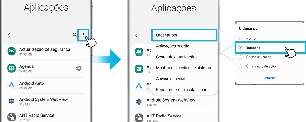 Mais opções para ordenar por tamanho