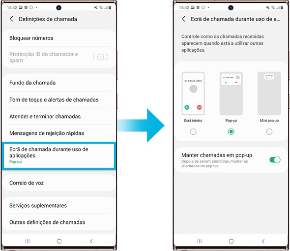 Configuração do ecrã de chamada durante uso de aplicações