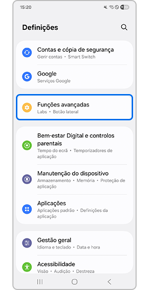 Selecionar o menu Funções avançadas
