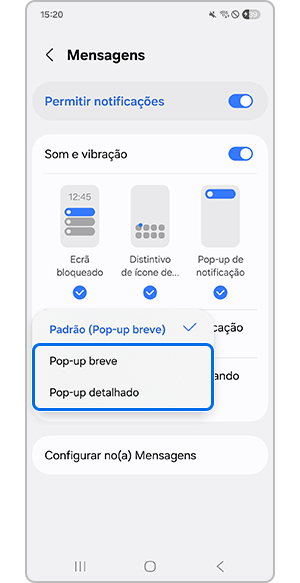 Tocar em Pop-up breve ou Pop-up detalhado