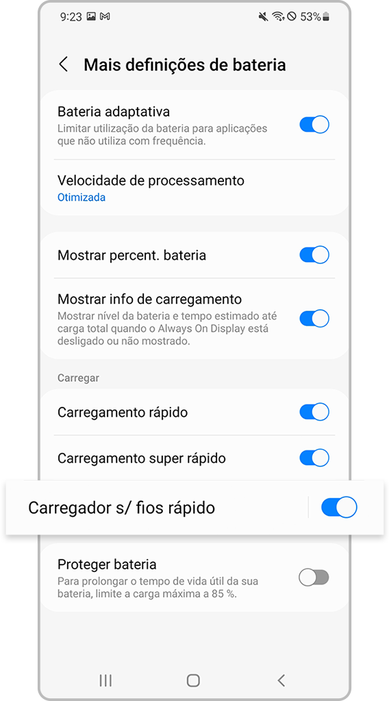 ativar definições de carregamento rápido