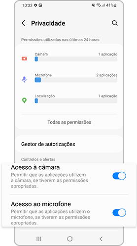 A partir das definições de Privacidade, configure as permissões necessárias