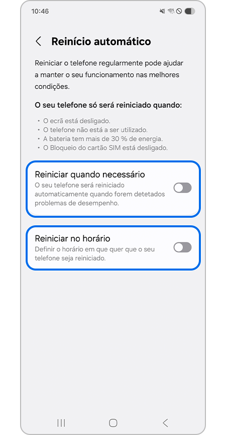 Desativar tanto o Reiniciar quando necessário como o Reiniciar no horário