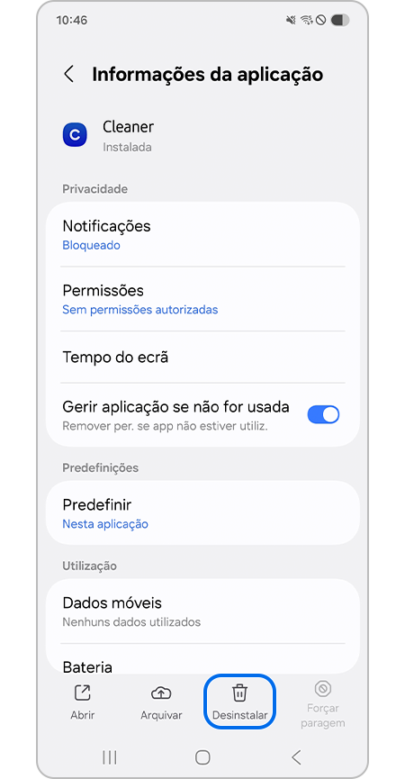 Premir o botão Desinstalar